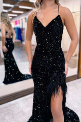 Sequin V-Neck Mermaid Long Prom Dress with Feather-Trimmed Slit