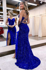 Sequin V-Neck Mermaid Long Prom Dress with Feather-Trimmed Slit