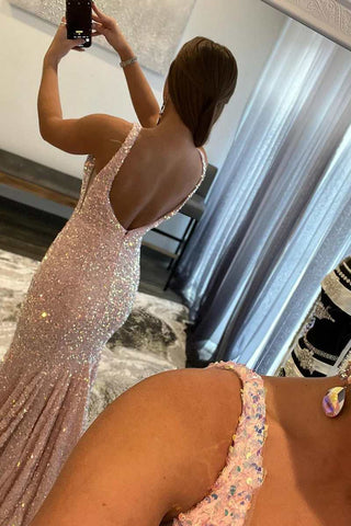 Light Blue Iridescent Sequin Open Back Trumpet Long Formal Dress