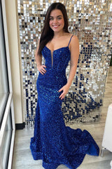 Blue Sequin Split Neck Mermaid Long Formal Dress