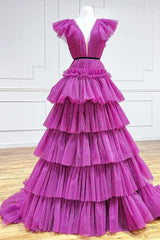 Magenta Plunge V Multi-Tiered A-Line Long Formal Dress