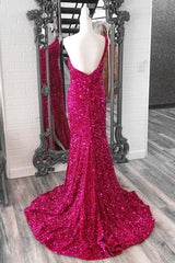 Fuchsia Sequin One-Shoulder Mermaid Long Prom Dress with Slit