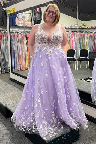 Lilac V Neck Sleeveless Appliques Tulle Long Prom Dress
