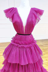 Magenta Plunge V Multi-Tiered A-Line Long Formal Dress