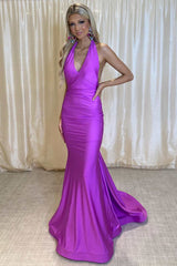 Purple Halter Open Back Trumpet Long Formal Dress