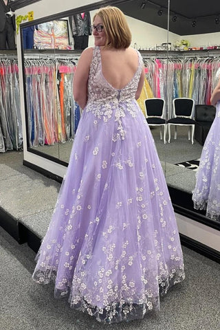 Lilac V Neck Sleeveless Appliques Tulle Long Prom Dress