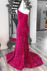 Fuchsia Sequin One-Shoulder Mermaid Long Prom Dress with Slit