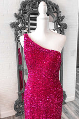 Fuchsia Sequin One-Shoulder Mermaid Long Prom Dress with Slit