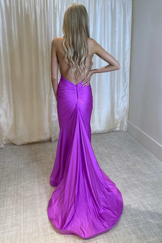 Purple Halter Open Back Trumpet Long Formal Dress