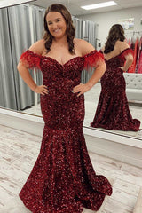 Purple Sequin Feather Off-the-Shoulder Trumpet Long Prom Dress