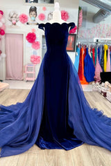 Royal Blue Velvet Off-the-Shoulder Mermaid Long Formal Dress with Attached Train