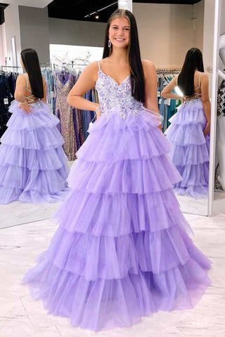 Fairy-Tale Lace V-Neck Multi-Tiered A-Line Prom Dress