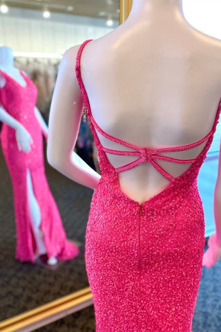 Heißes rosafarbenes, langes Meerjungfrau-Abschlussballkleid mit Pailletten, Rückenausschnitt und Schlitz