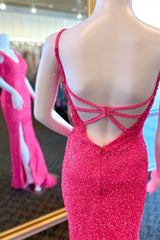 Hot Pink Sequin Cutout Back Mermaid Long Prom Dress with Slit