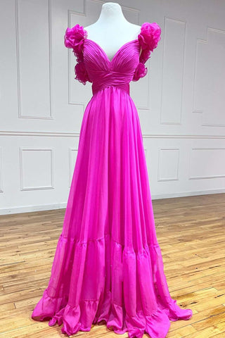 Magenta Ruffles Lace-Up Back A-Line Prom Dress