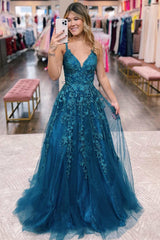 Prussian Blue Floral Appliques V-Neck A-Line Prom Dress