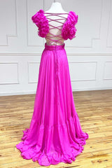 Magenta Ruffles Lace-Up Back A-Line Prom Dress