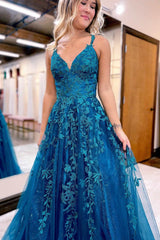 Prussian Blue Floral Appliques V-Neck A-Line Prom Dress