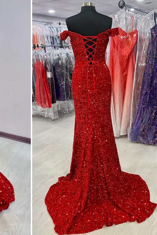 Red Sequin Off-the-Shoulder Lace-Up Back Mermaid Long Prom Dress