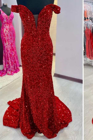 Red Sequin Off-the-Shoulder Lace-Up Back Mermaid Long Prom Dress