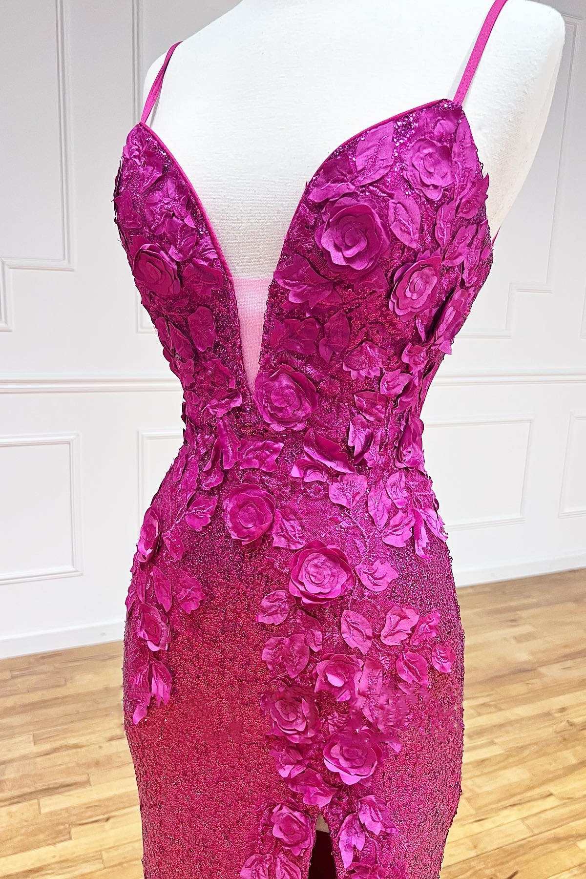 Magenta Sequin 3D Floral Lace Backless Mermaid Long Prom Dress with Slit