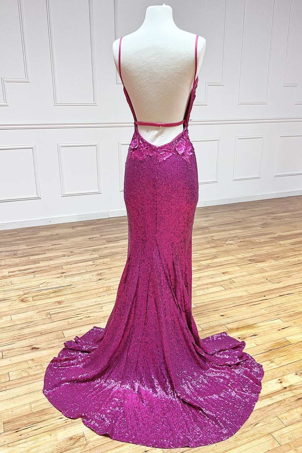 Magenta Sequin 3D Floral Lace Backless Mermaid Long Prom Dress with Slit