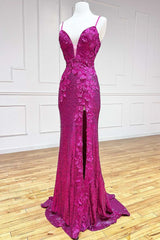 Magenta Sequin 3D Floral Lace Backless Mermaid Long Prom Dress with Slit