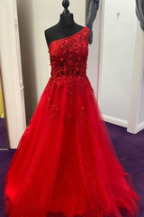 One-Shoulder Red 3D Floral Lace A-Line Prom Gown