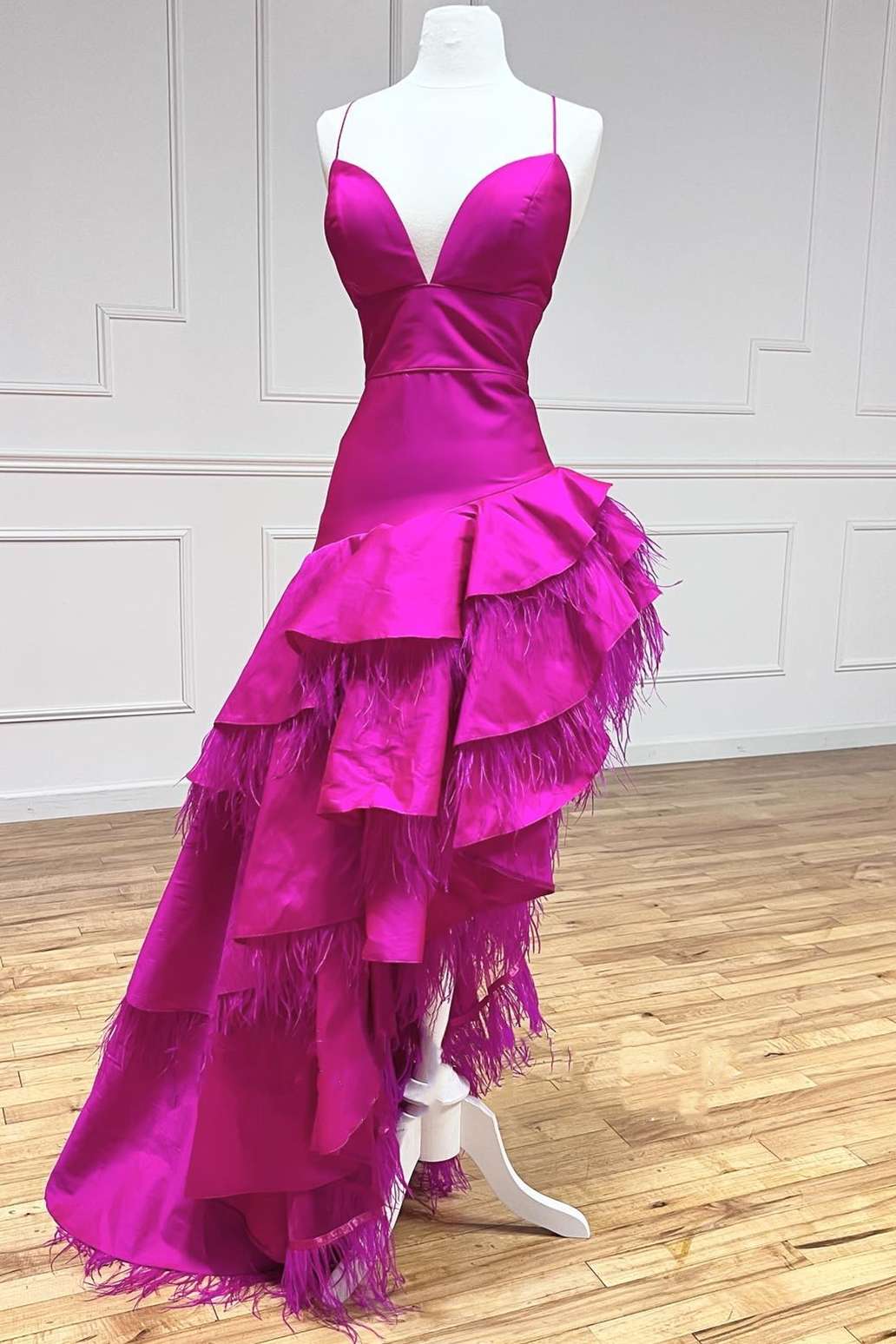 Magenta Satin Feather Tiered High-Low Prom Dress