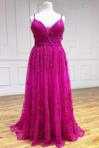 Magenta Floral Lace Straps A-Line Prom Dress