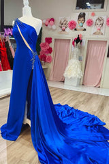 Royal Blue Beaded One-Shoulder Keyhole Long Formal Dress