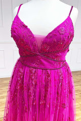 Magenta Floral Lace Straps A-Line Prom Dress