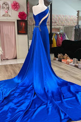 Royal Blue Beaded One-Shoulder Keyhole Long Formal Dress