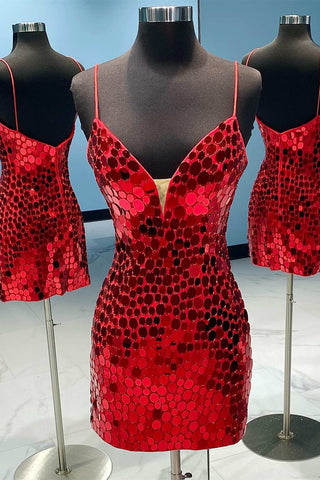 Red Cut Glass Mirror V-Neck Straps Bodycon Homecoming Dress
