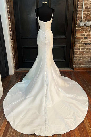 White Split Neck Trumpet Long Wedding Dress