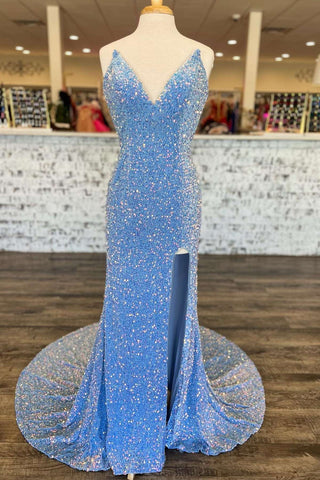 Schillerndes, blaues, trägerloses, langes Abendkleid im Meerjungfrau-Stil mit Pailletten und Schlitz