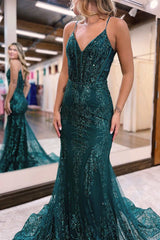 Hunter Green Tulle Lace V-Neck Trumpet Long Formal Gown