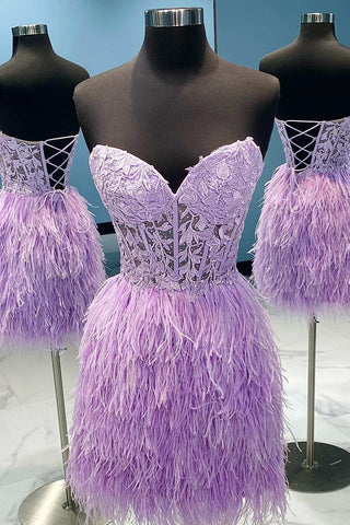 Lilac Floral Lace Feather Strapless Mini Dress