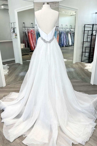 White Beaded Strapless A-Line Formal Dress with Attached Train