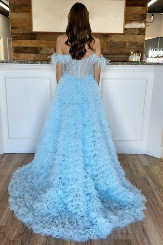 Light Blue Beaded Feather Off-the-Shoulder Tiered Long Prom Dress