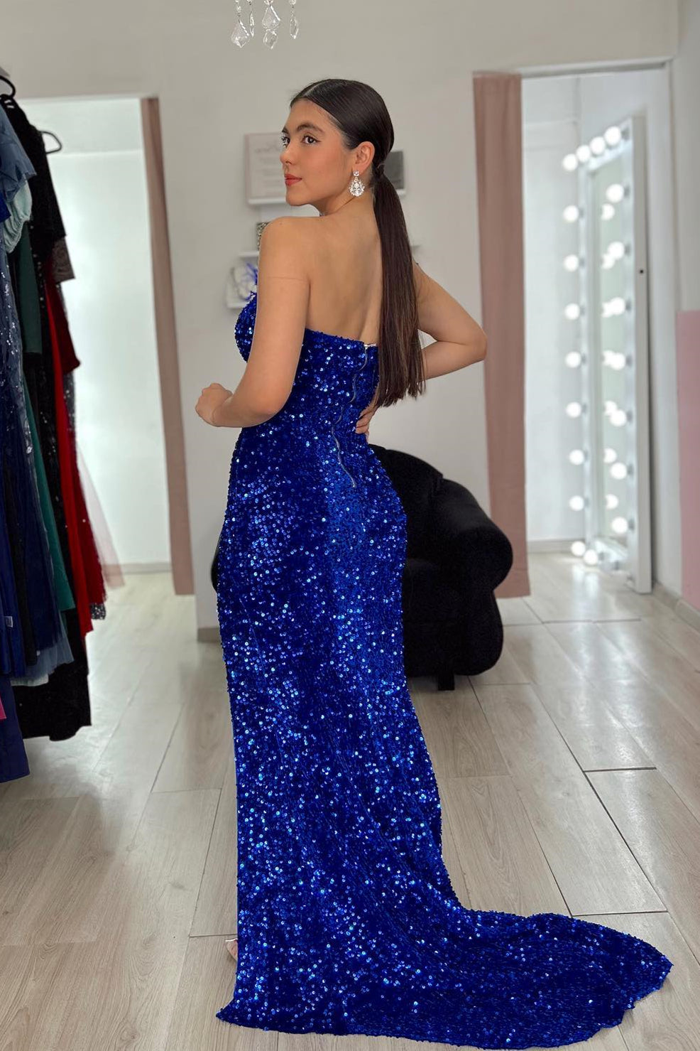 Royal Blue Mermaid Sequins Strapless Feathers Long Prom Dress with Slit