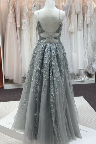 Grey A-line Lace-Up Back Appliques Beaded Tulle Long Prom Dress