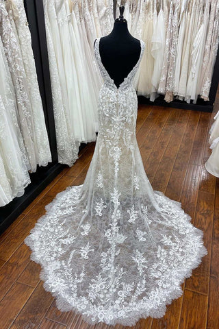 Beige Lace Plunge V Mermaid Long Wedding Dress with Sweeping Train