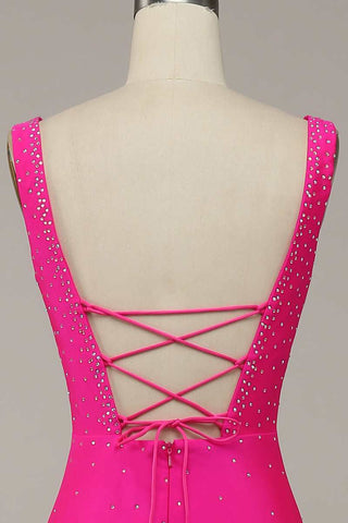 Hot Pink Beaded V-Neck Lace-Up Mermaid Long Formal Dress
