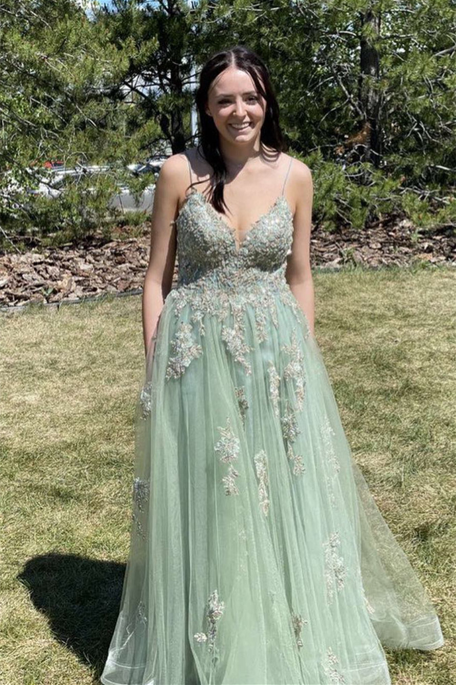 Dusty Sage V Neck Cut-Out Sequins Appliques Long Prom Dress with Slit