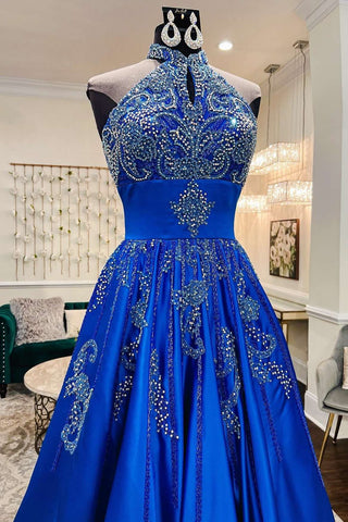 Royal Blue Satin Beaded Halter A-Line Prom Gown