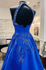 Royal Blue Satin Beaded Halter A-Line Prom Gown