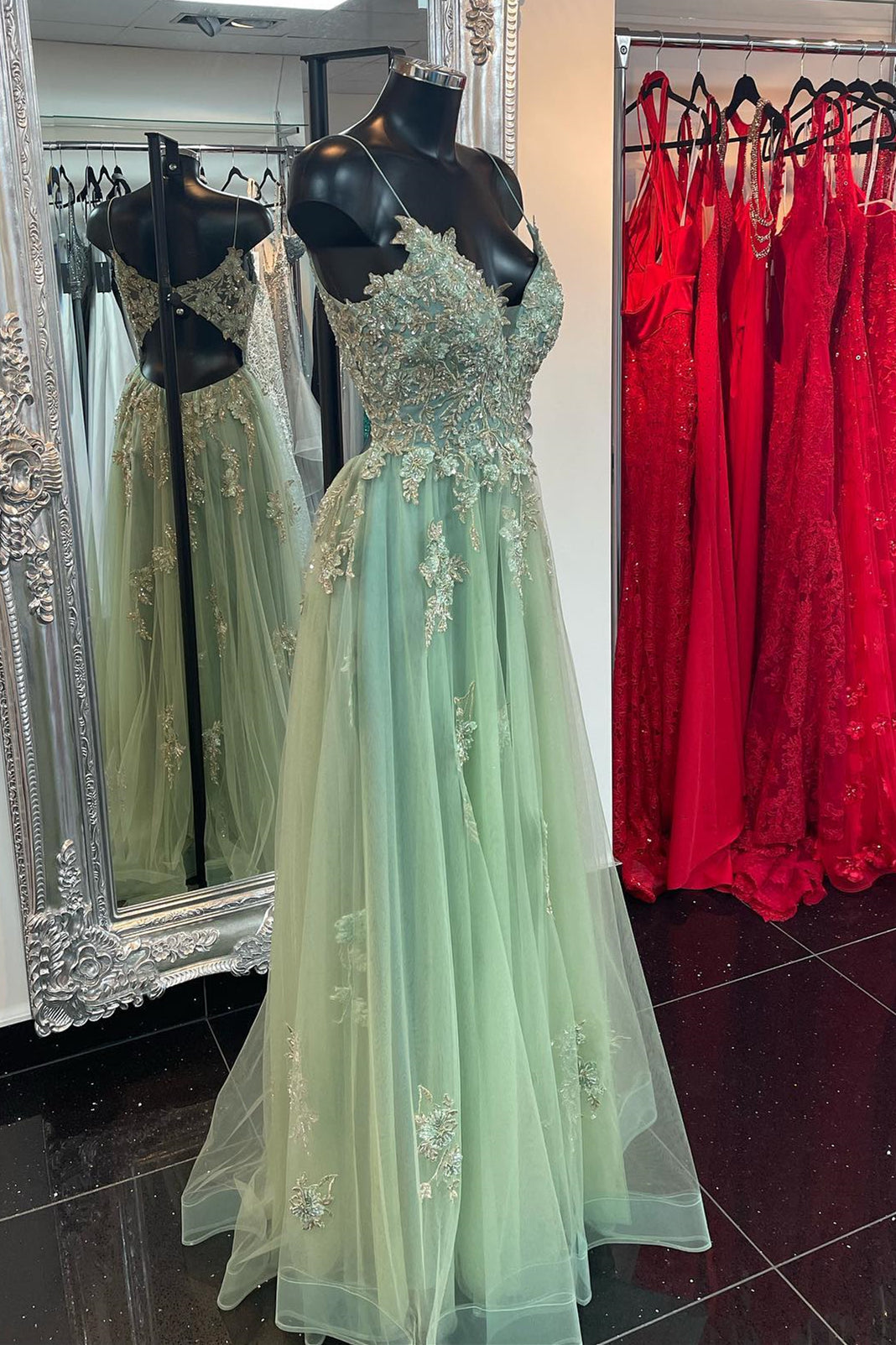 Dusty Sage V Neck Cut-Out Appliques Long Prom Dress with Slit