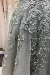 Grey A-line Lace-Up Back Appliques Beaded Tulle Long Prom Dress