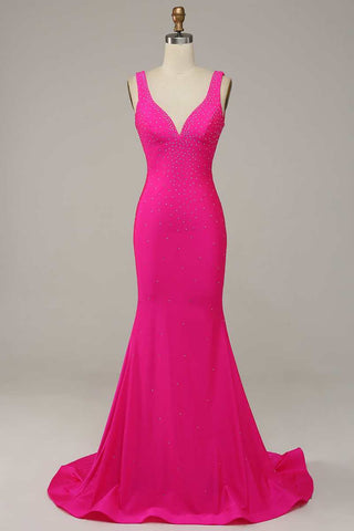 Hot Pink Beaded V-Neck Lace-Up Mermaid Long Formal Dress